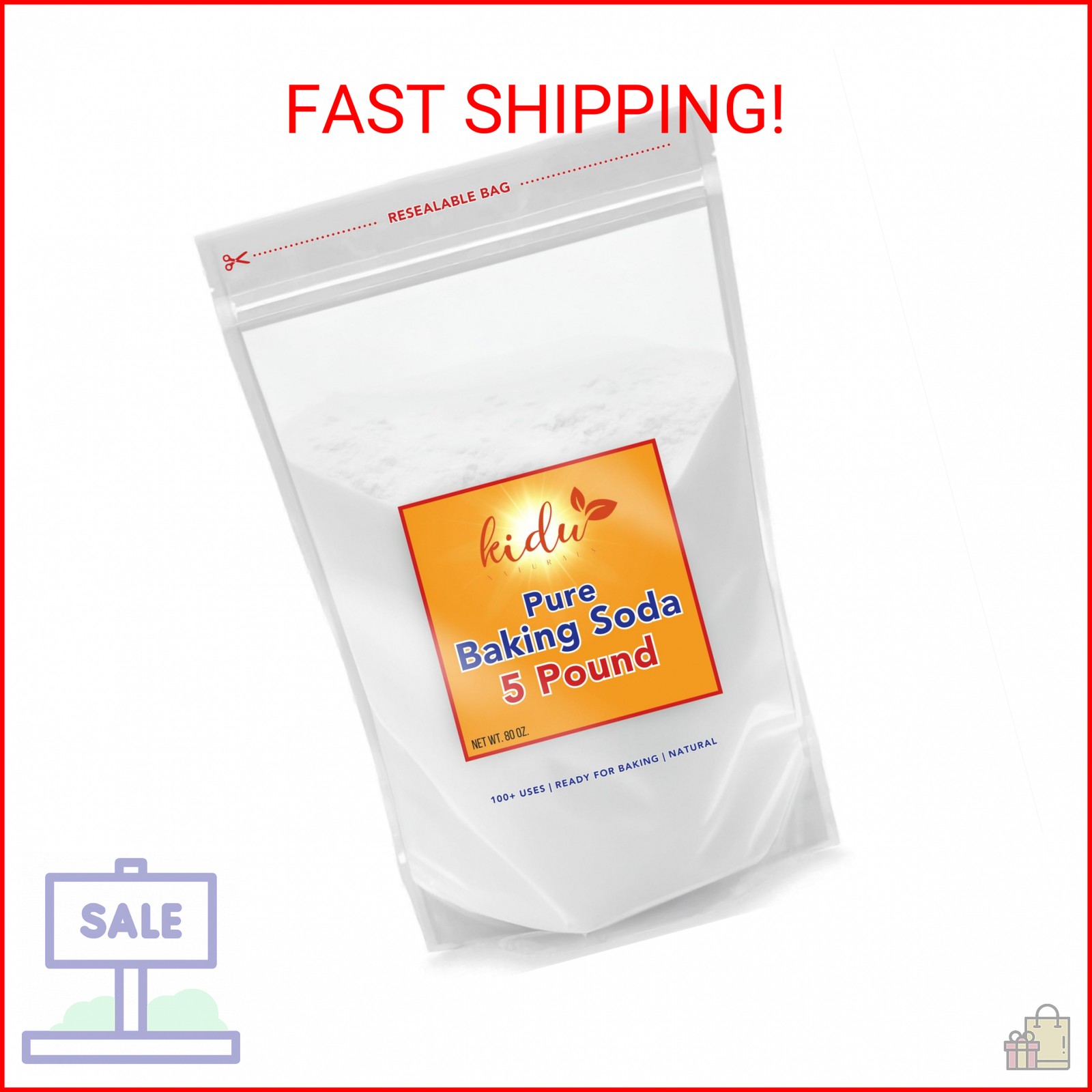 Kidu Baking Soda (5 Lbs) For Cleaning, Aluminum Free Baking Soda Bulk, Sodium Bi