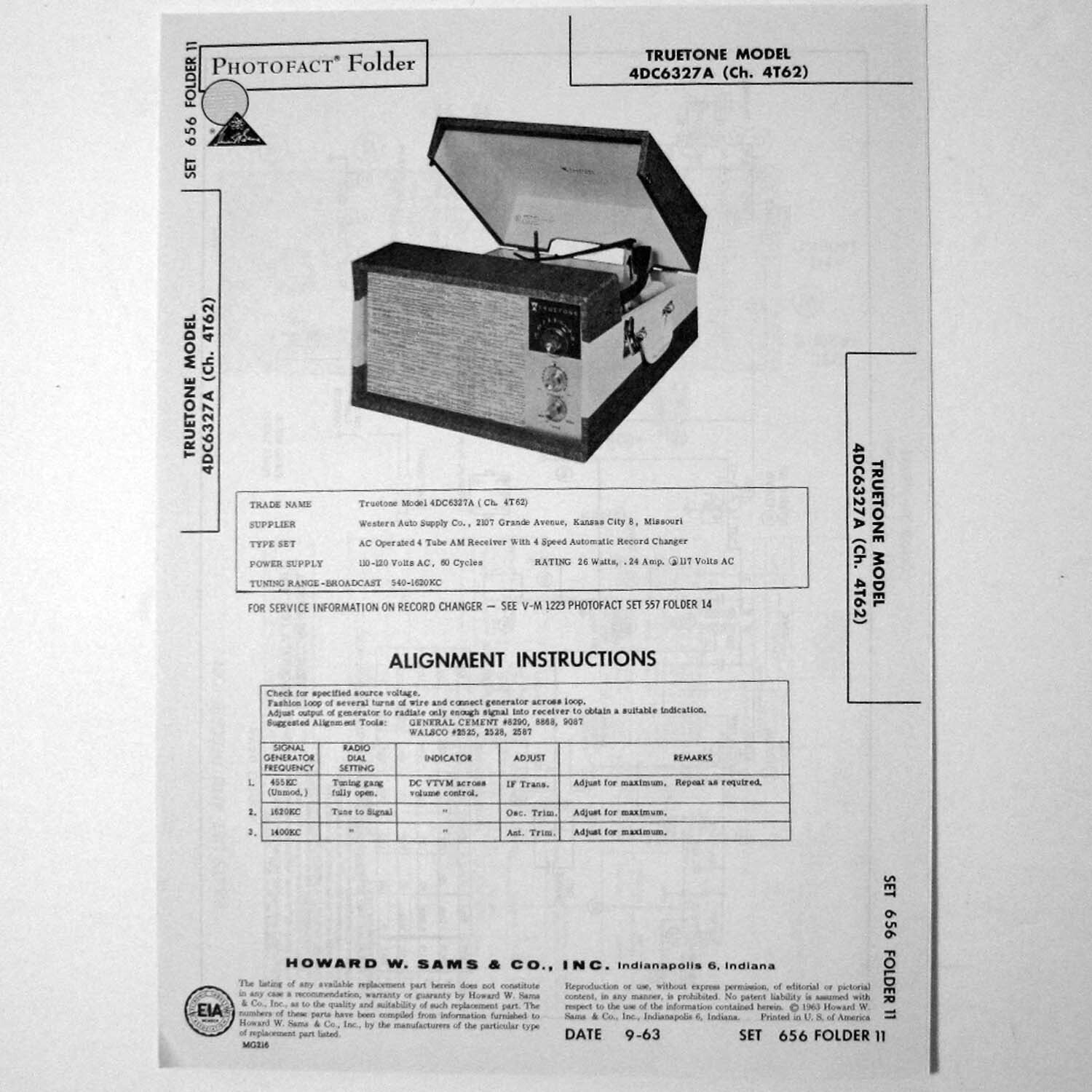 Truetone Model 4DC6327A Portable Record Player Phono SAMS Photofact ™ 1963 New
