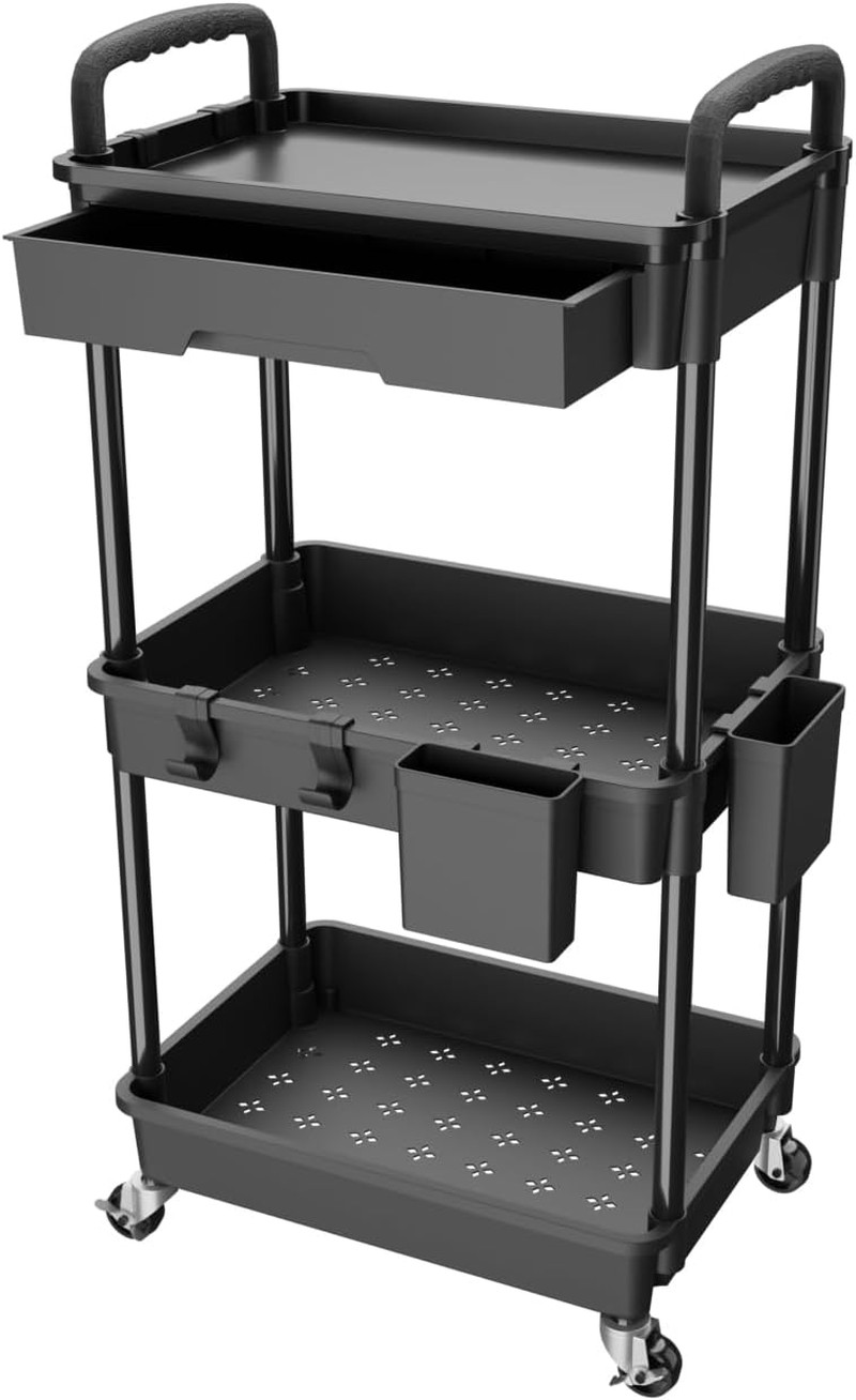 3 Tier Rolling Utility Cart with Drawer, Utility Cart Made of Multifunct