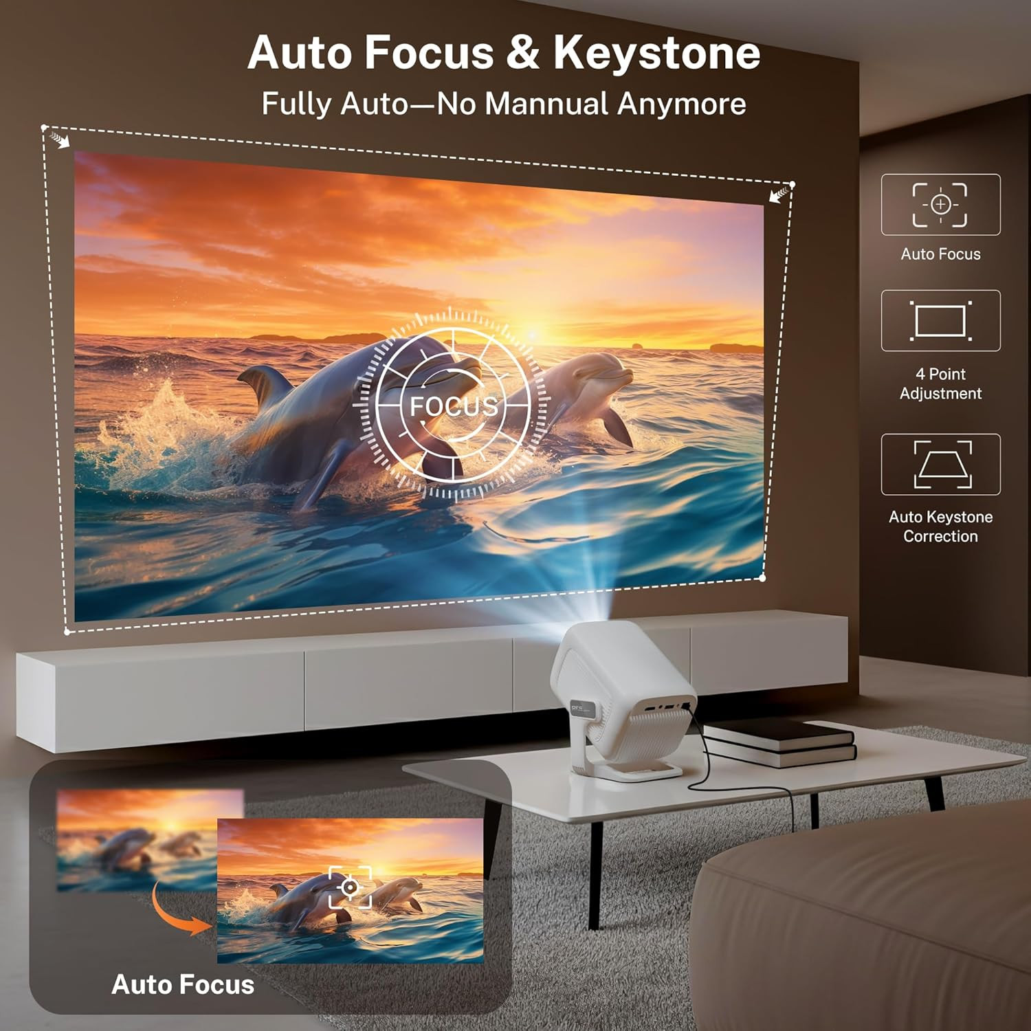 Portable 1080P Smart Projector with WiFi 6, Bluetooth 5.4, Auto Focus & Keystone