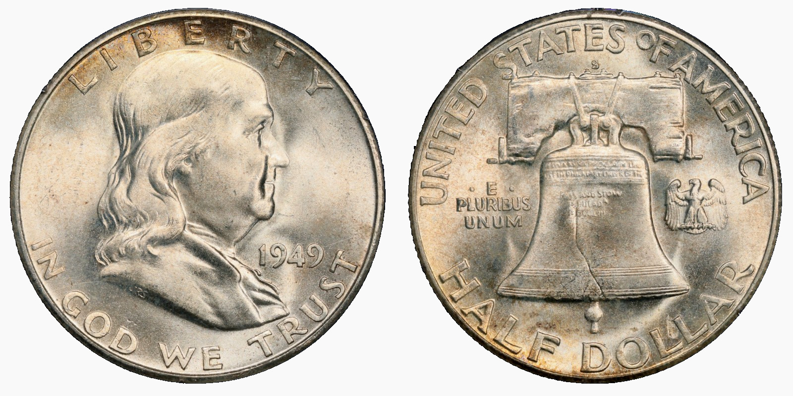 1949-s Franklin half dollar PCGS MS65, old rattler holder Gen 1.2