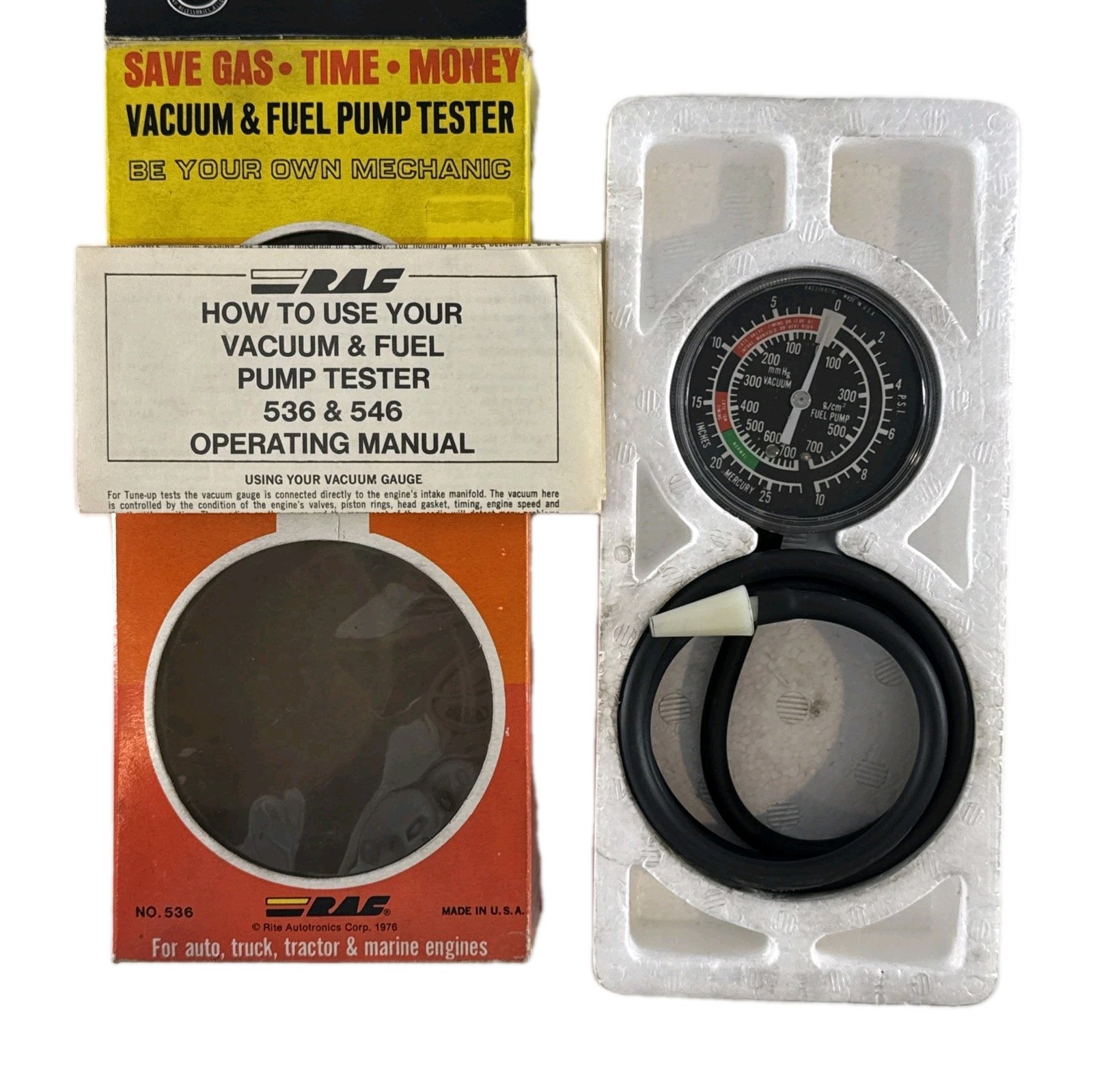 RAC Vintage Vacuum & Fuel Pump Tester Gauge Kit Auto Truck Marine Engines USA