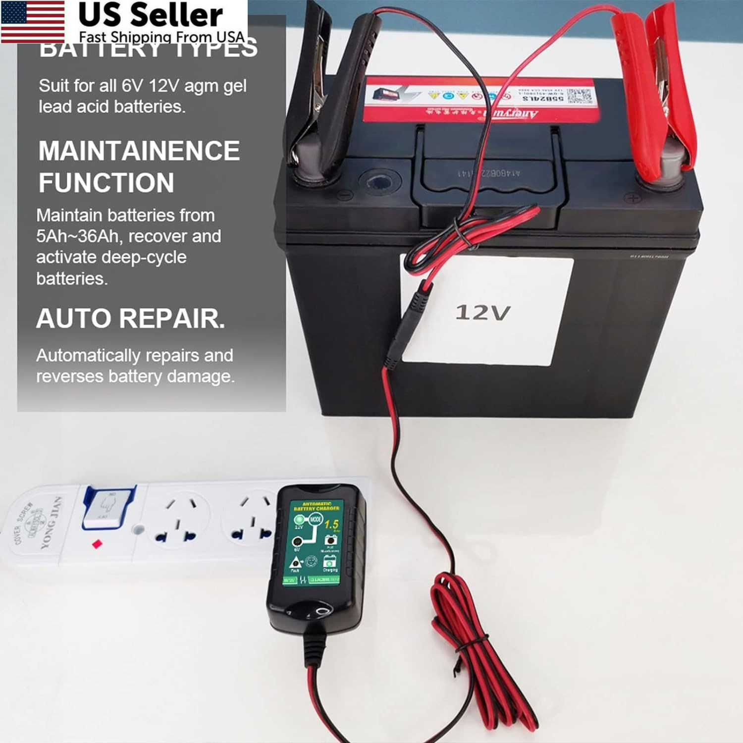 12V / 6V Battery Trickle Charger Maintainer, 1.5A Automatic Smart Float Black