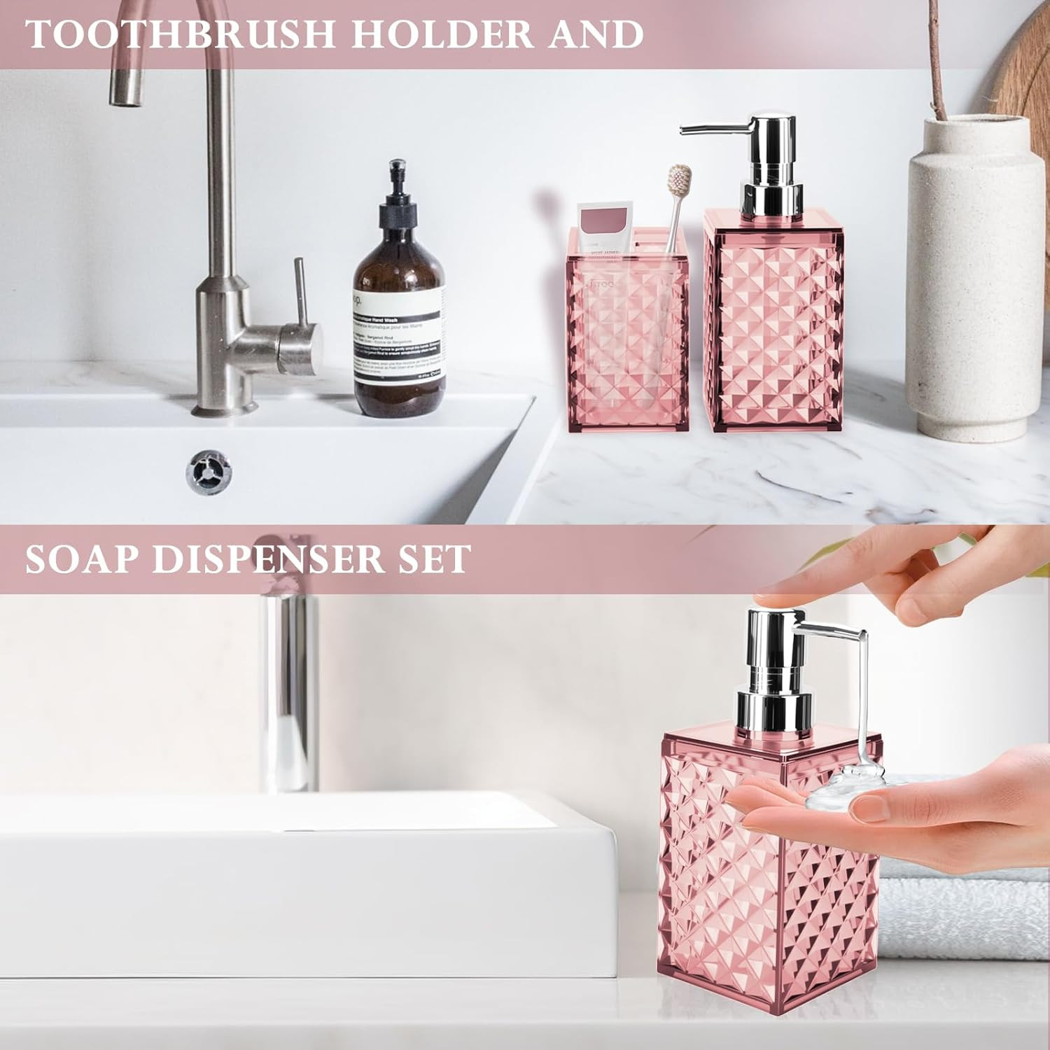 Pink Bathroom Accessories Set, 2-Piece Soap Dispenser & Toothbrush Holder