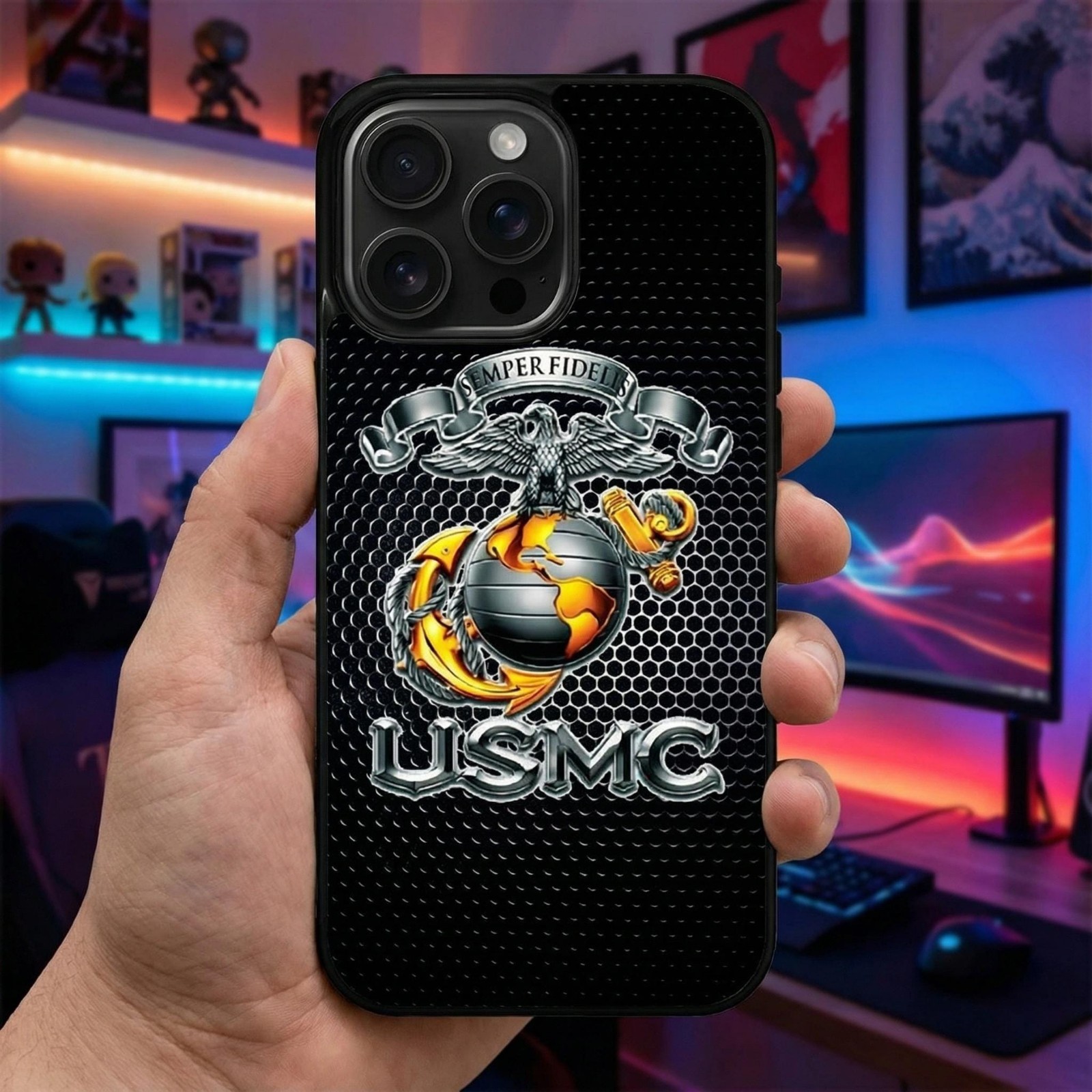 USMC Semper Fidelis Marine Corps Phone Case Military Black Hexagon Cover Case