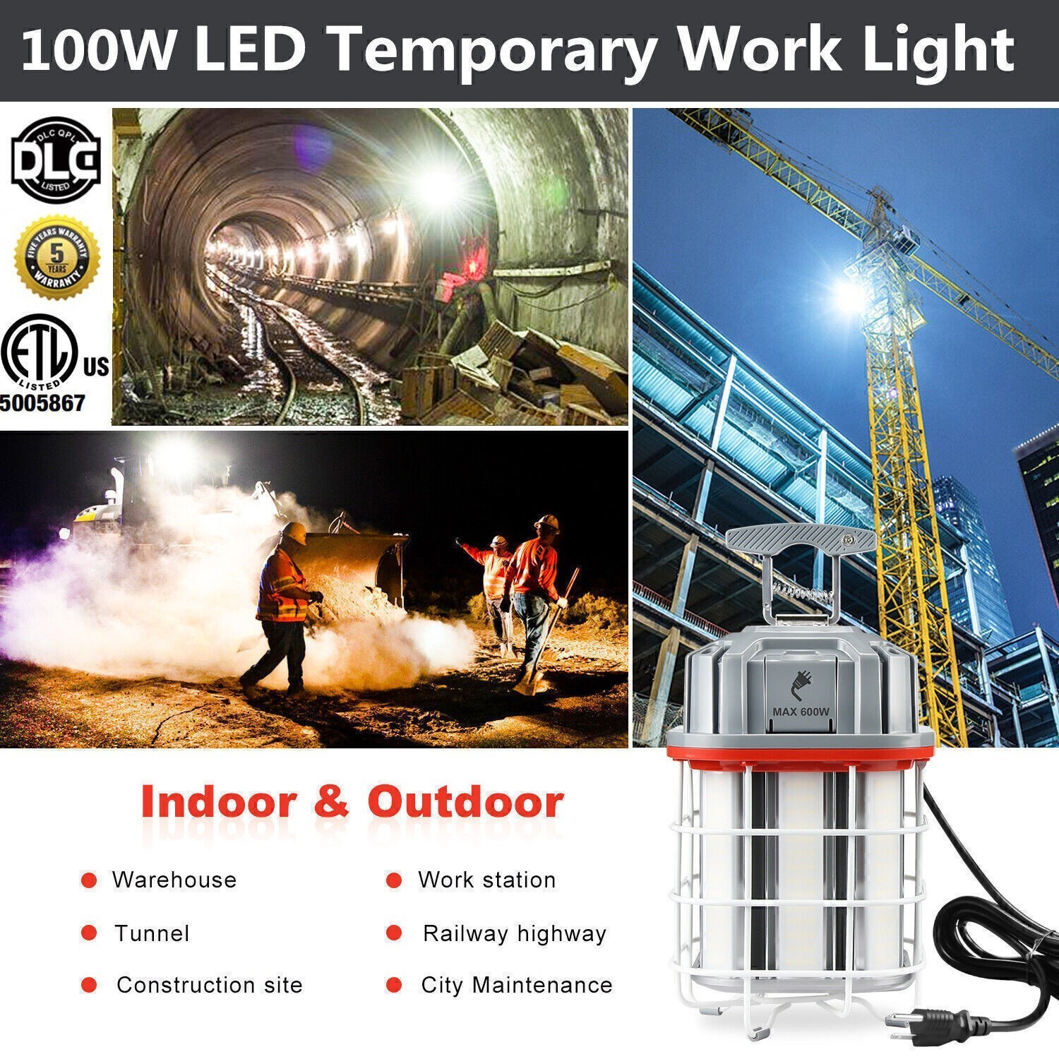 100W LED Construction Linkable Temporary Work Light Portable Jobsite Light 5000K