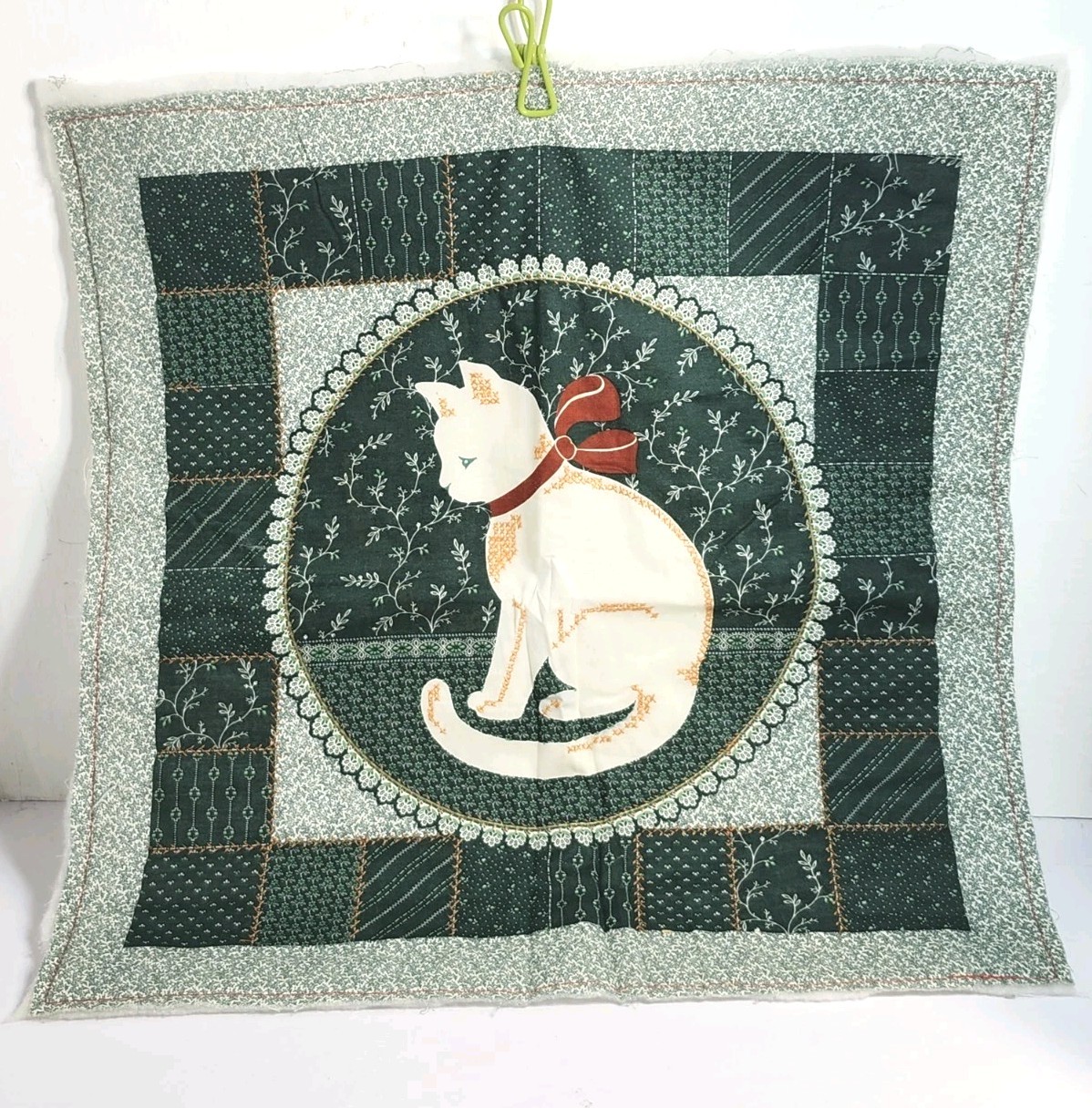 VTG Quilted Fabric Cat Panel GREEN Cotton Pillow Quilted w/Batting Back 16x17"