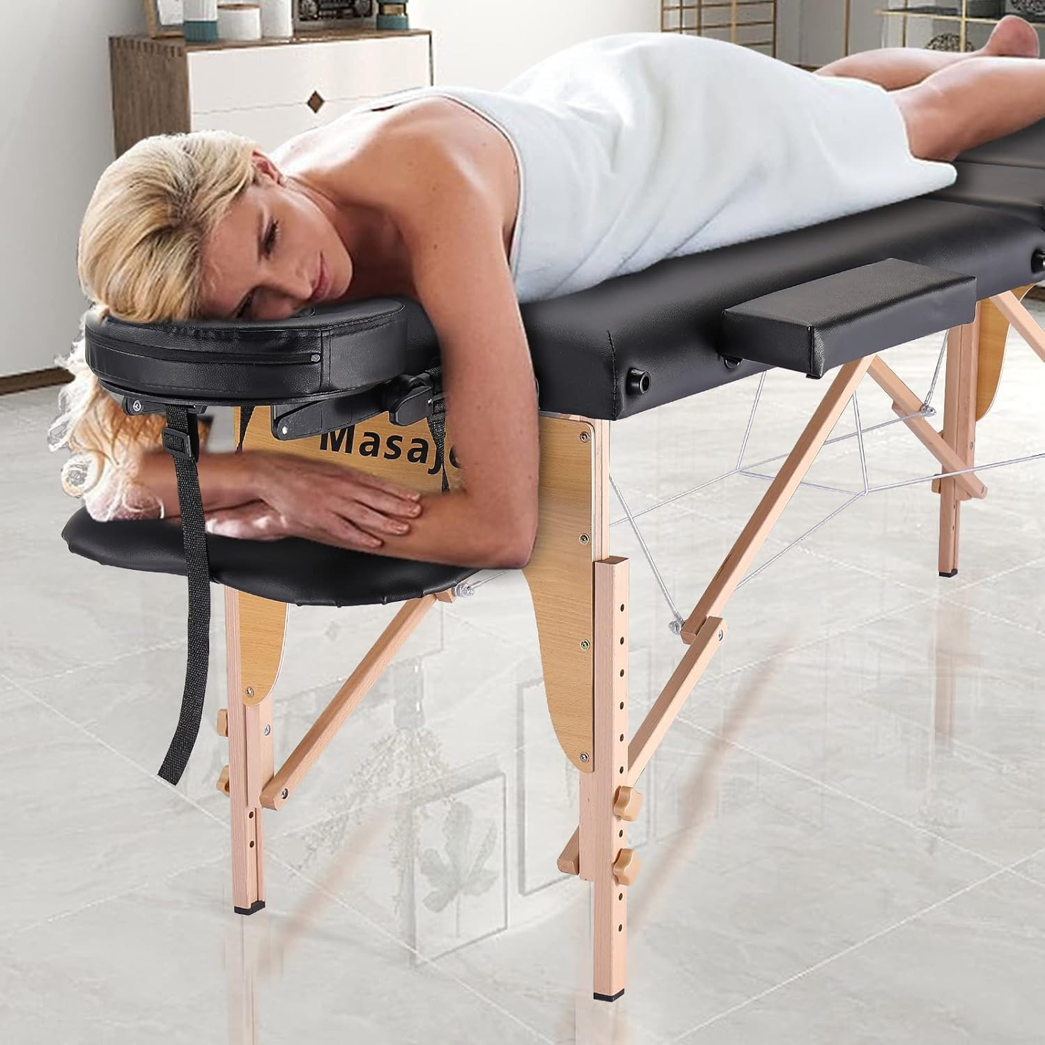 Portable 3-Section Massage Table with Adjustable Height & Accessories - Black