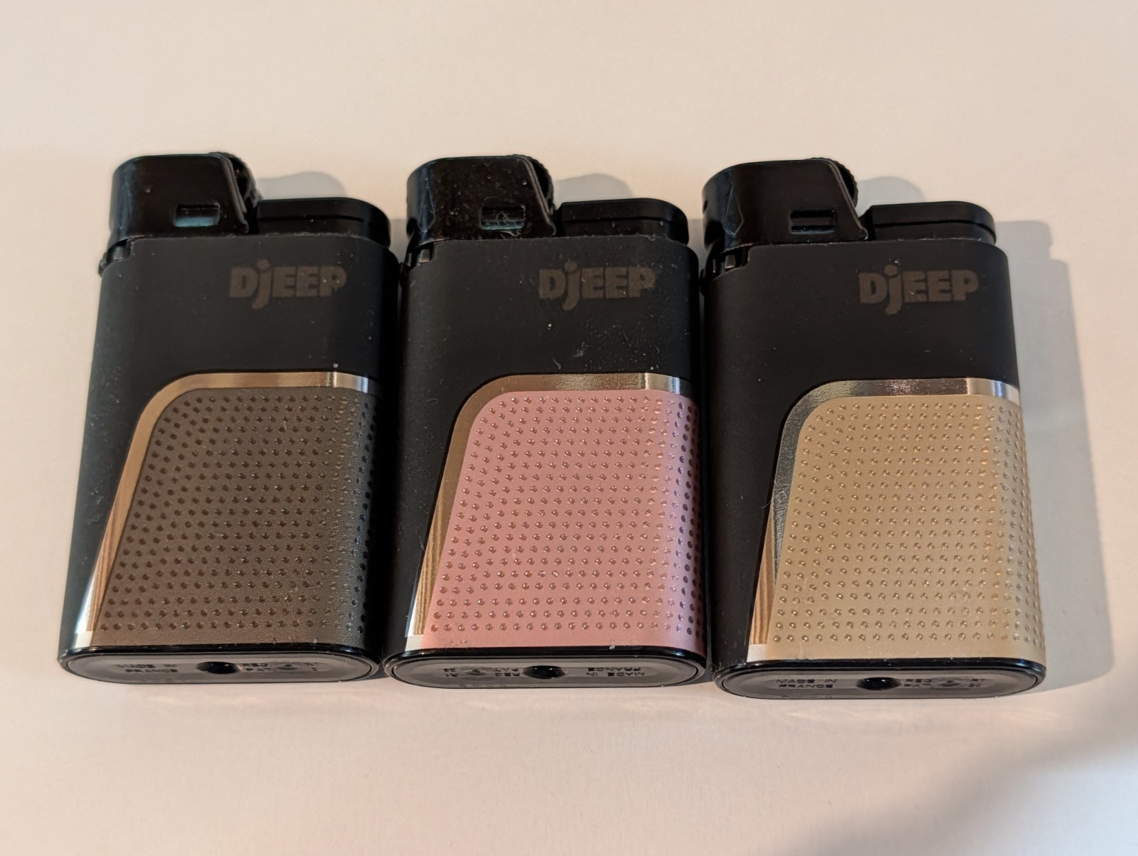 3pk DjEEP BOLD COLLECTION Metallic Lighters, Made in France, Black, Gold, & Pink