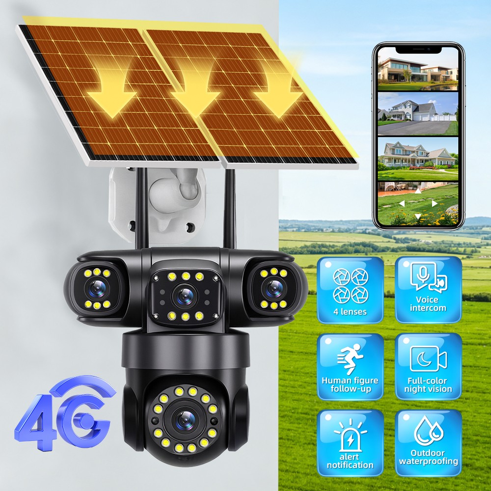 16MP 4G SIM Solar Security IP Camera 4 Lens PTZ CCTV Motion Detection Outdoor US