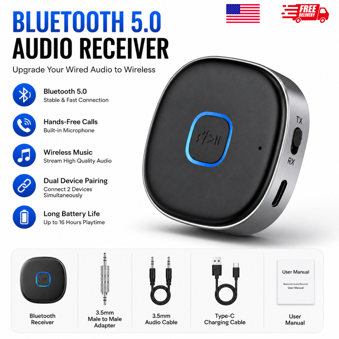 Bluetooth 5.0 Car AUX Audio Receiver Wireless Adapter Hands-Free Music Streaming