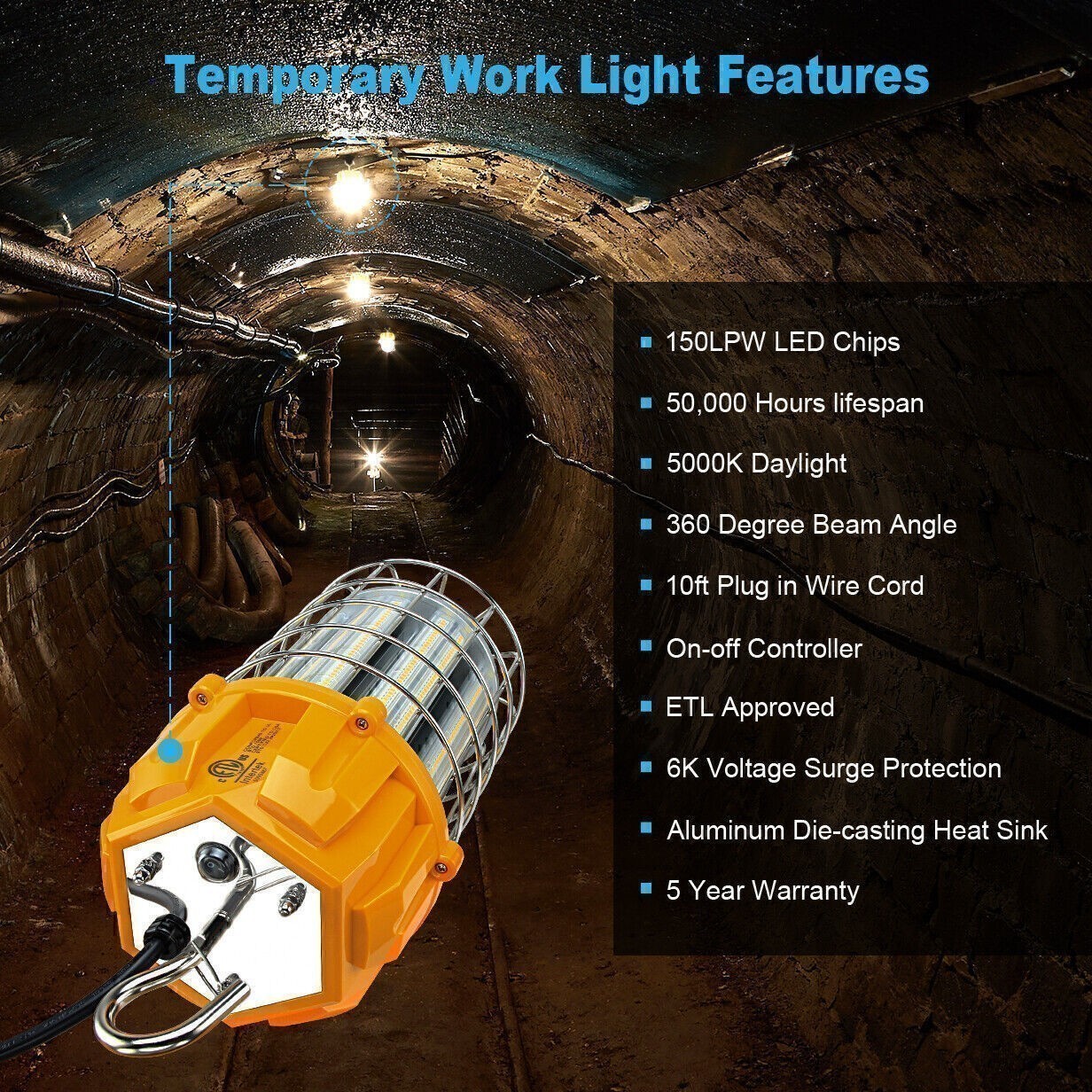 Portable LED Temporary Work Light 100W Industrial Construction Hanging Lamp Plug