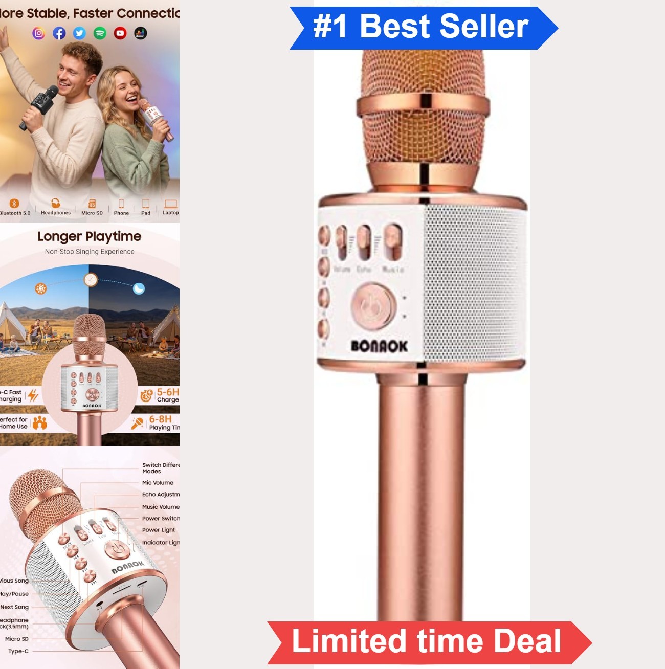 Wireless Karaoke Microphone Bluetooth Handheld Speaker Machine for Smartphones