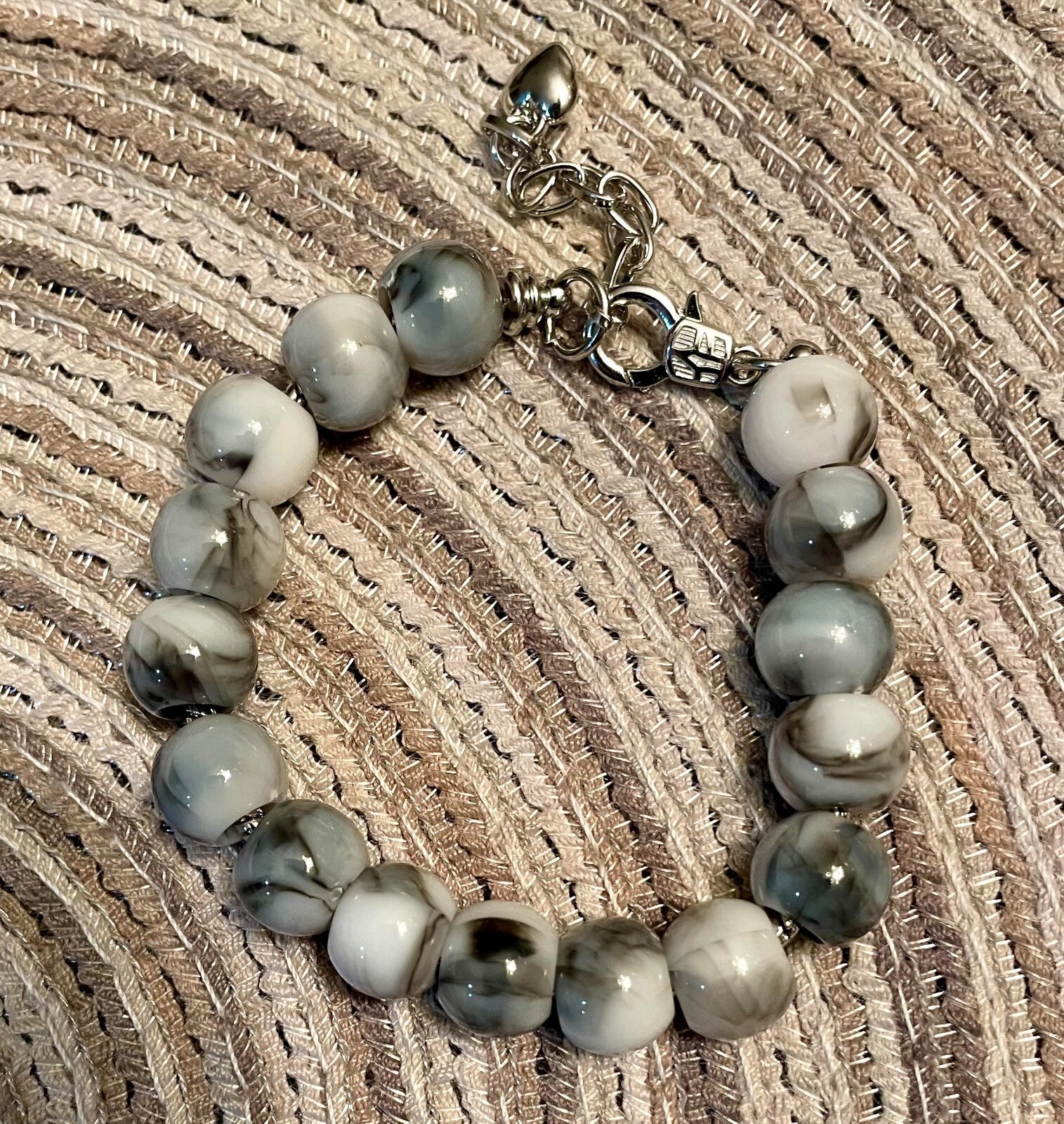 Classy Handcrafted Gemstone Gray Swirl Beaded Bracelet, Size 7.9" Adjustable