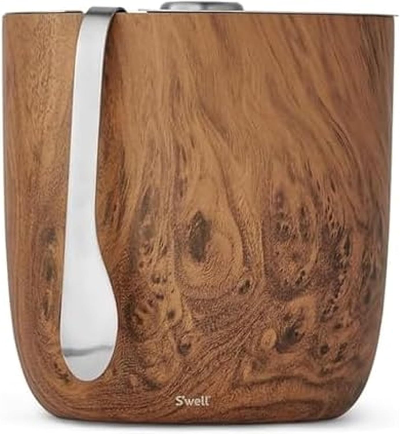 Stainless Steel Ice Bucket with Tongs 68oz Capacity Teakwood Pattern Finish