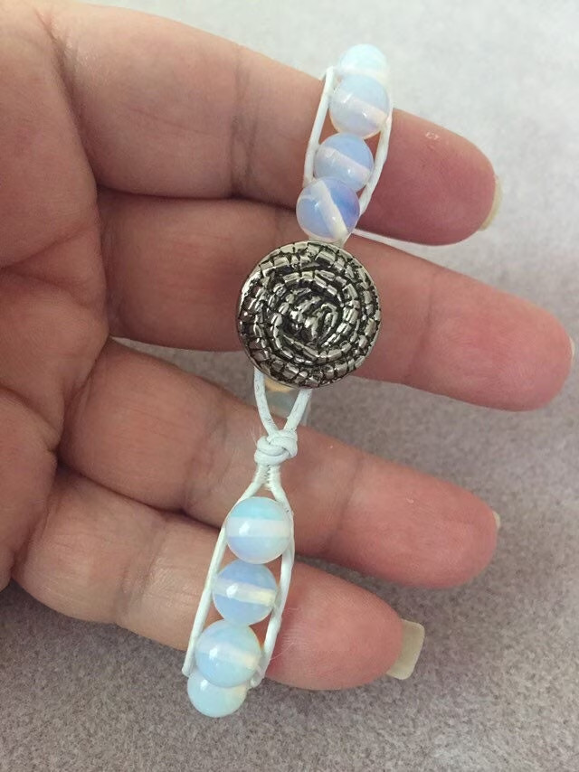 HANDMADE Moonstone Bracelet 8” Single Leather Wrap Bracelet Opalite