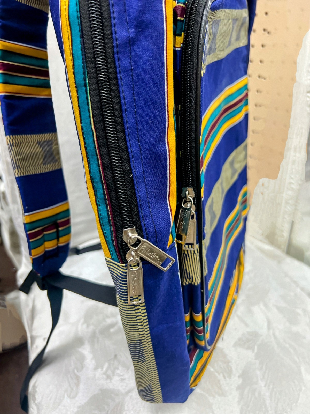 Padded Blue Kente Backpack with multi pockets, inside lining & Padded Straps