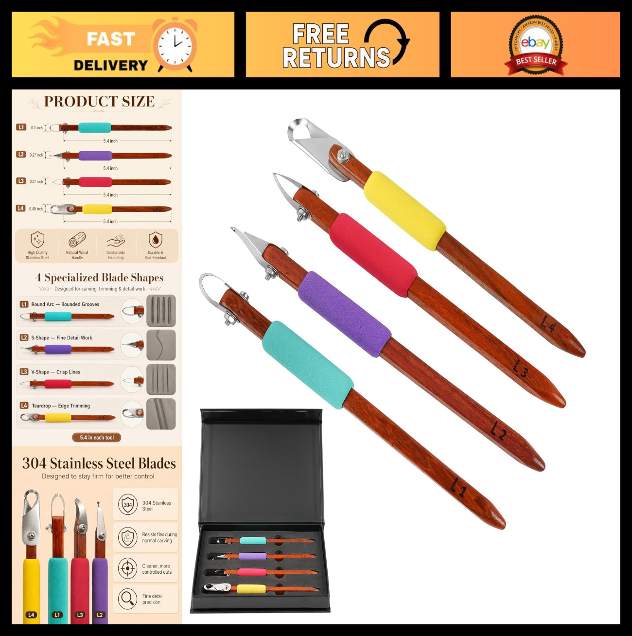 4-Piece Stainless Steel Pottery Carving Tool Set with Wooden Handles & Foam Grip