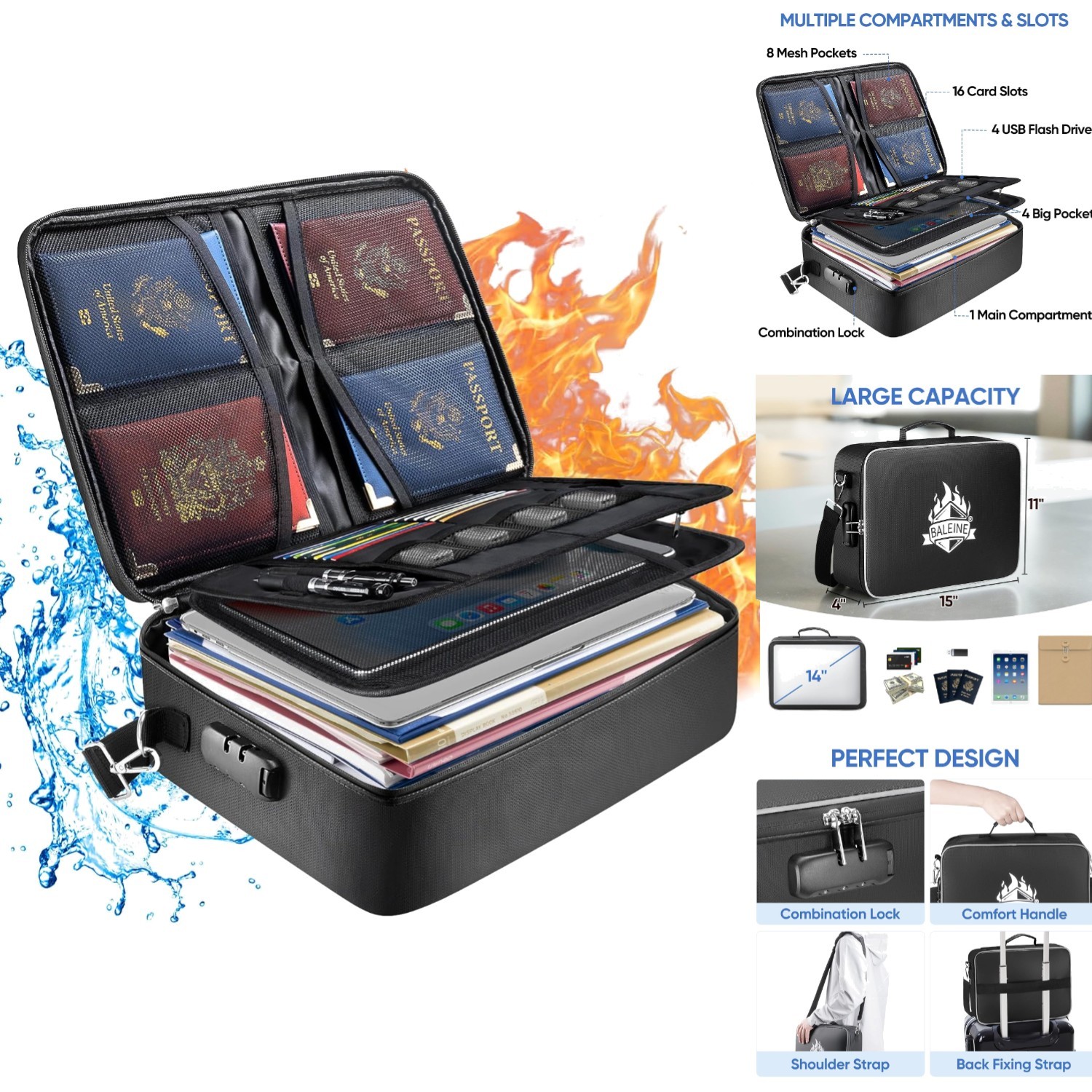 Fireproof Waterproof Document Box with Lock, Portable File Organizer 15"x11"x4"