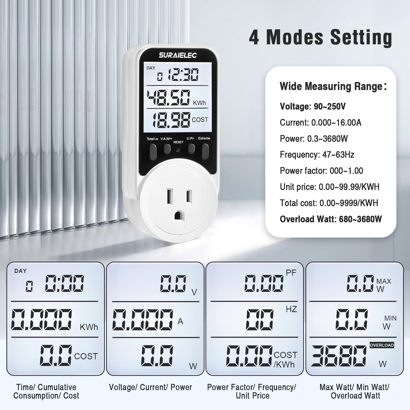 Watt Meter, Plug-in Socket Power Meter 90V-250V Wide Range Backlit Large Display