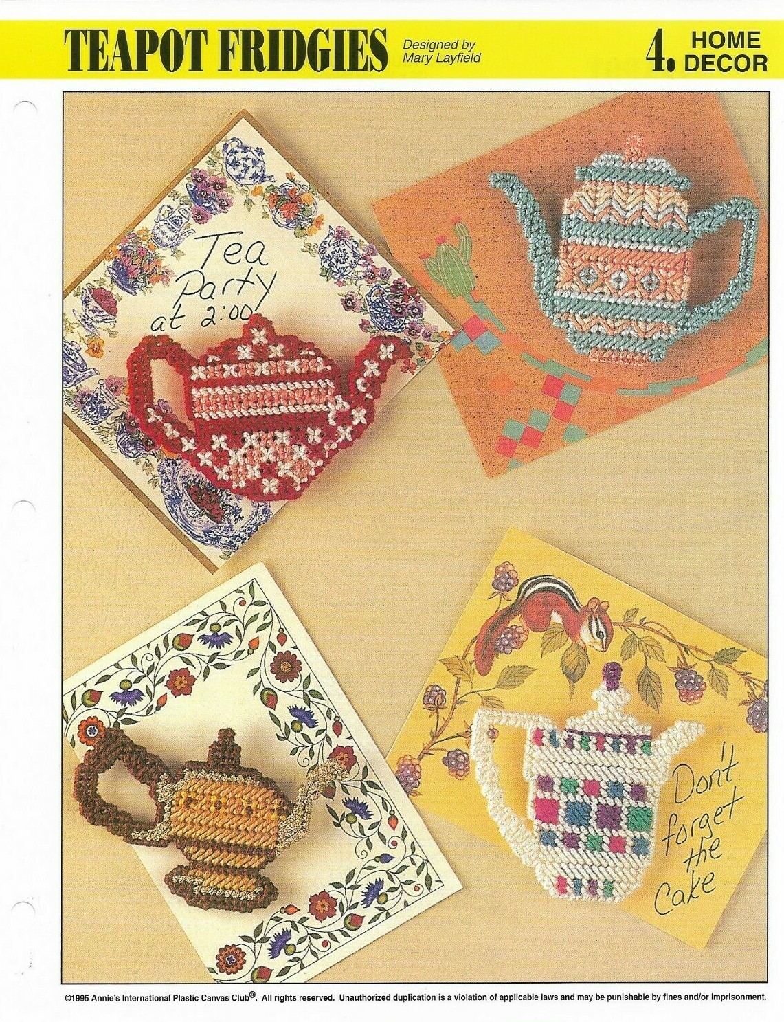 NEW TEAPOT FRIDGIES 4 MAGNETS ANNIE'S PLASTIC CANVAS PATTERN INSTRUCTIONS