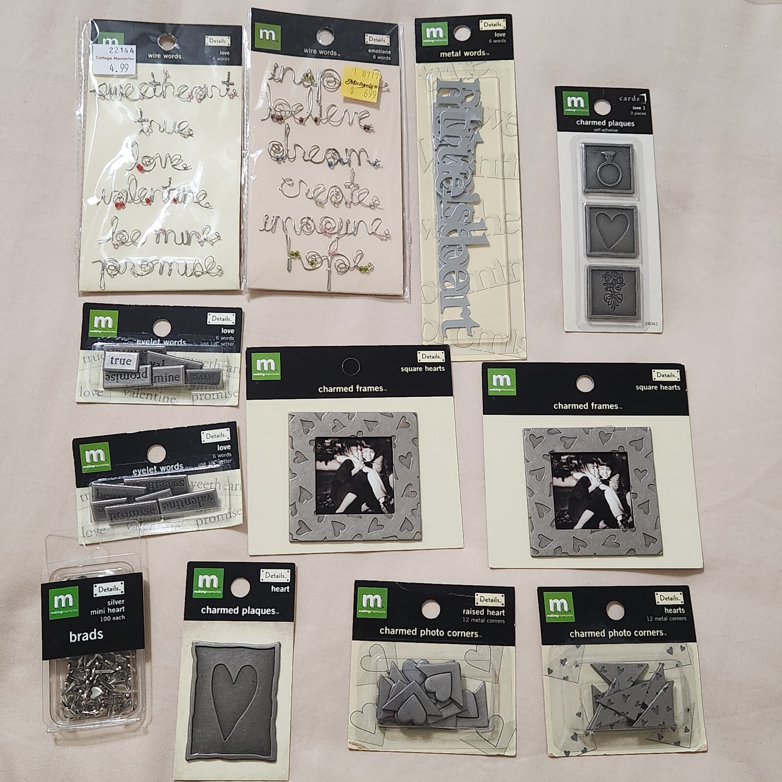 NEW Lot Making Memories Metal Wire Words Corners Plaques Frame Brads LOVE HEARTS