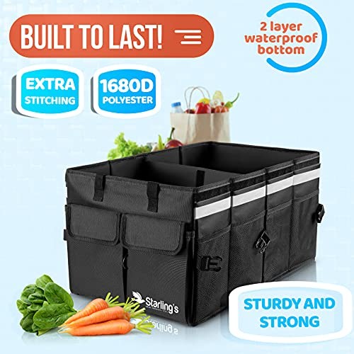 Car Trunk Organizer Super Strong, Foldable Storage Cargo Large with Lid Black