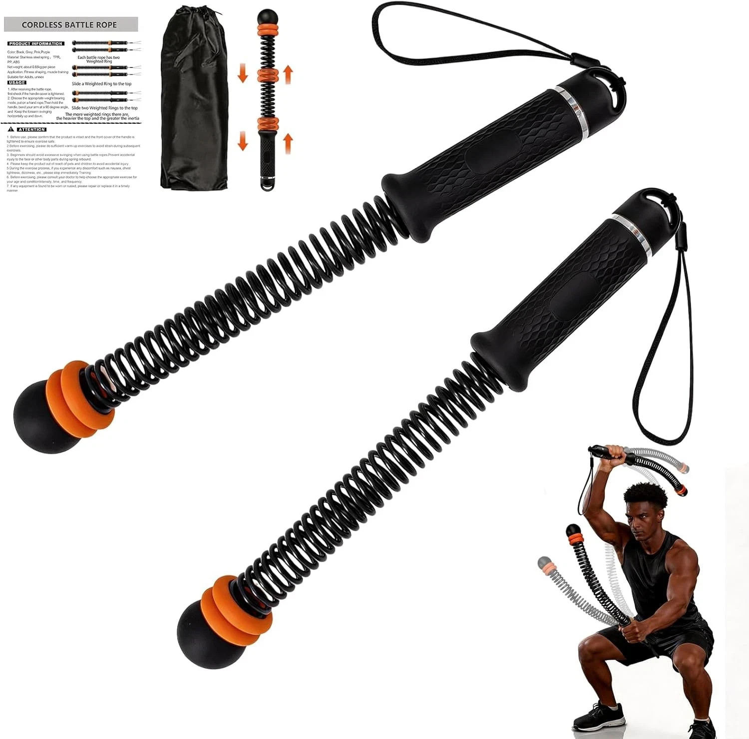 Portable Weighted Ropeless Battle Ropes, Adjustable Cordless Battle Rope