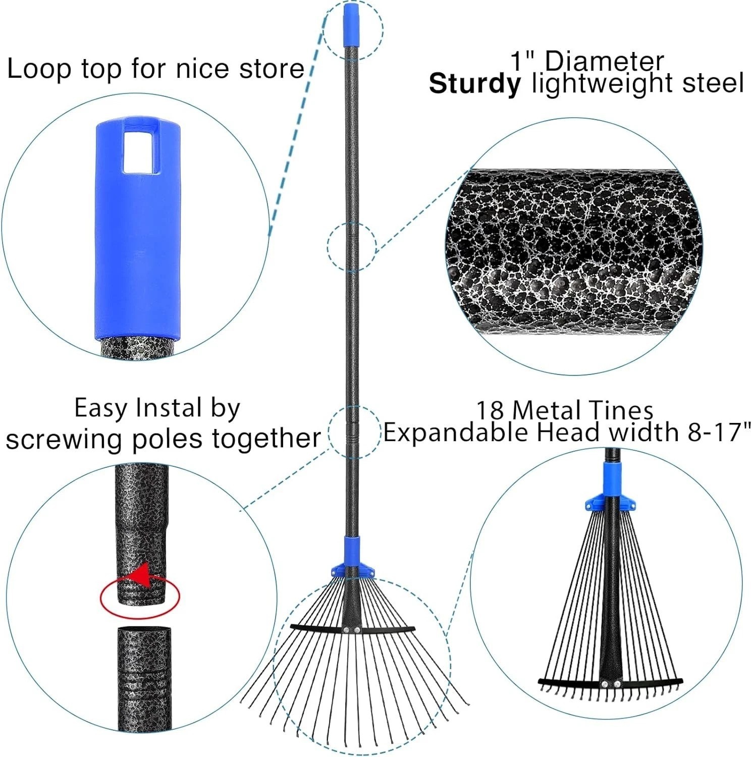 Versatile Garden Rake with Expandable Head - Comfortably Rakes Leaves Anywhere