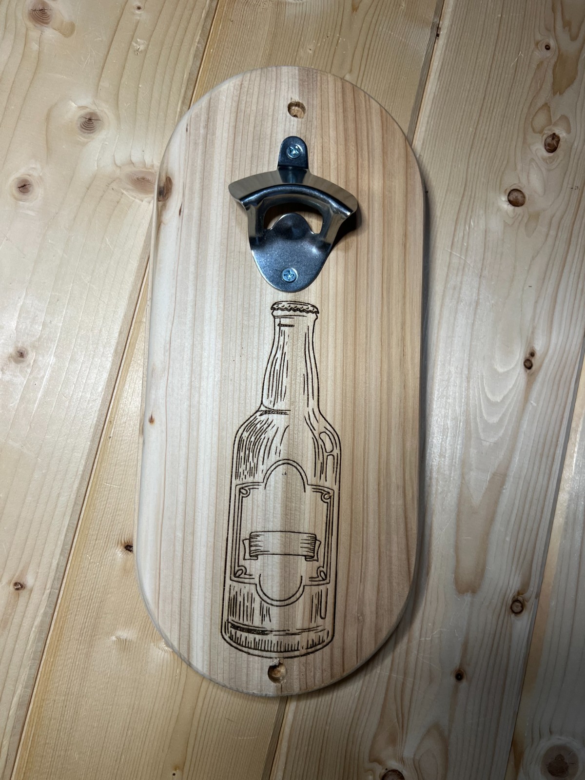 Cedar Wall Mounted Bottle Opener | Rustic Engraved Wood Bar Decor