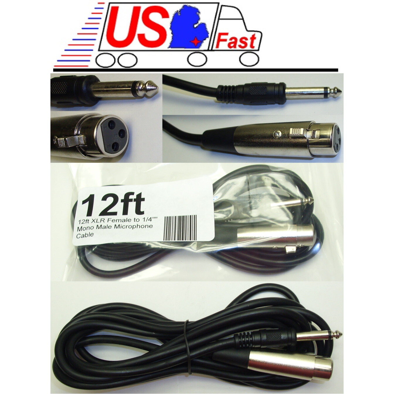 NEW 12ft XLR~1/4"Mono Microphone/Mic/PA/DJ Audio Cable/Cord/Wire 3pin~6.35mm TS