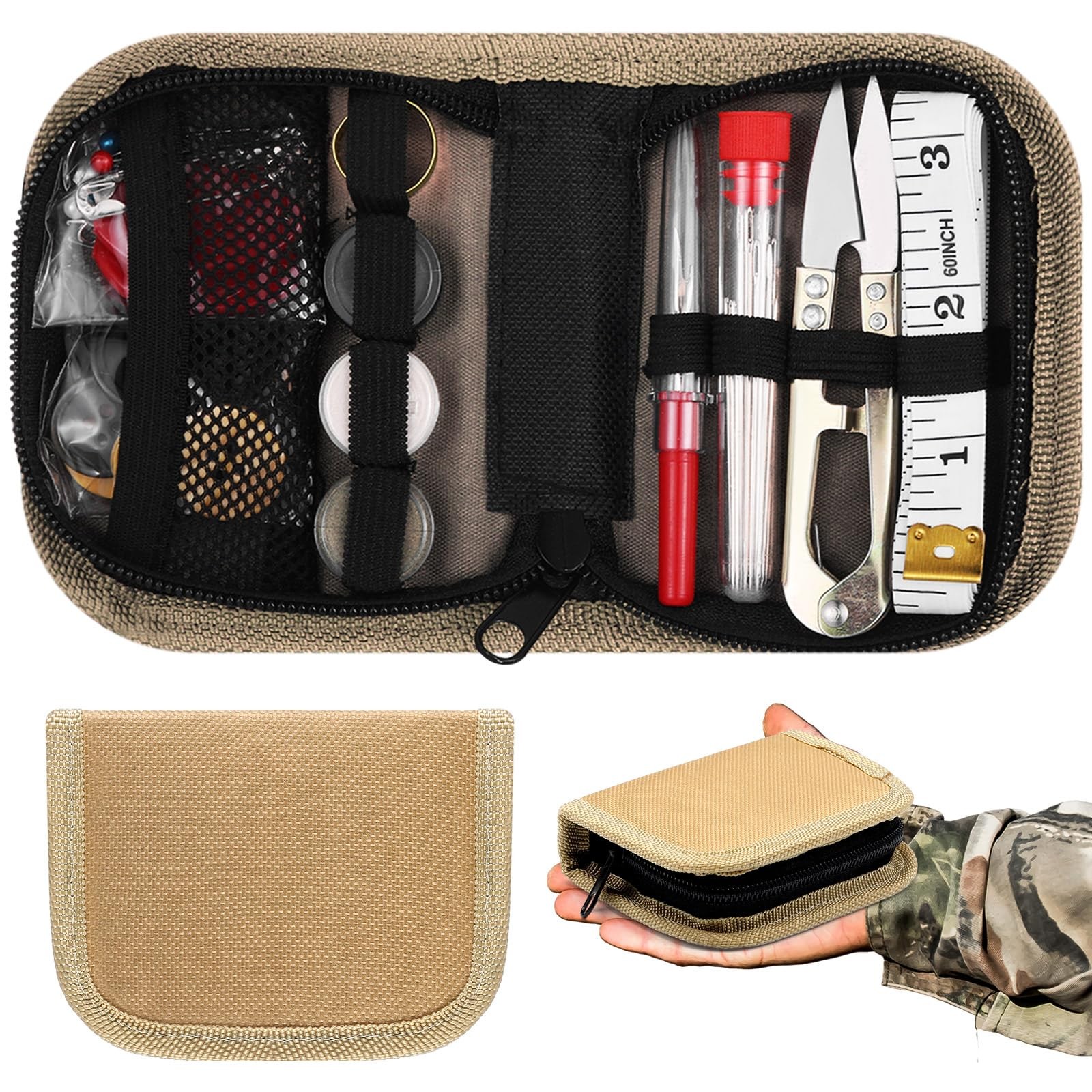 Suncalla Military Survival Sewing Kit Tactical with Buttons Durable Brown