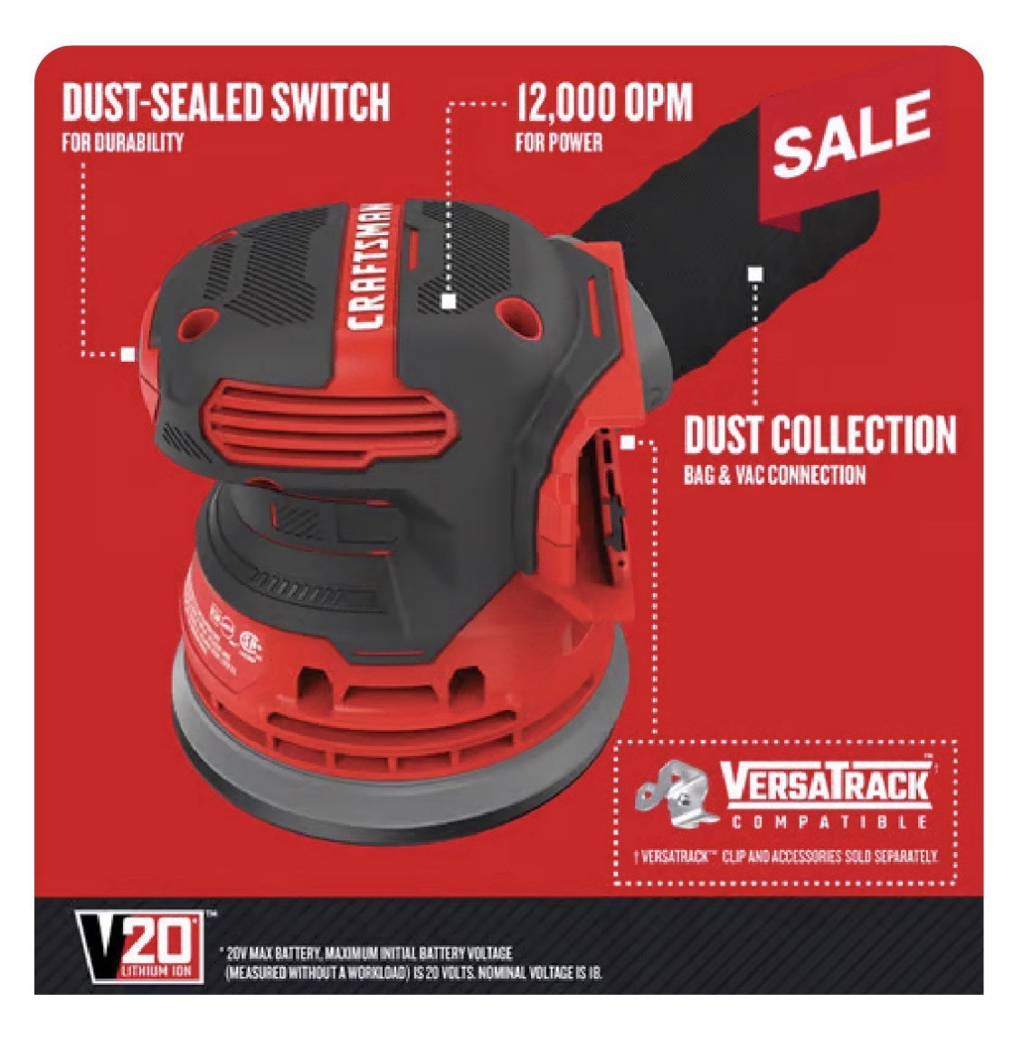 CRAFTSMAN V20 20V Li-Ion Cordless Orbital Sander, Battery Powered, Red/Black