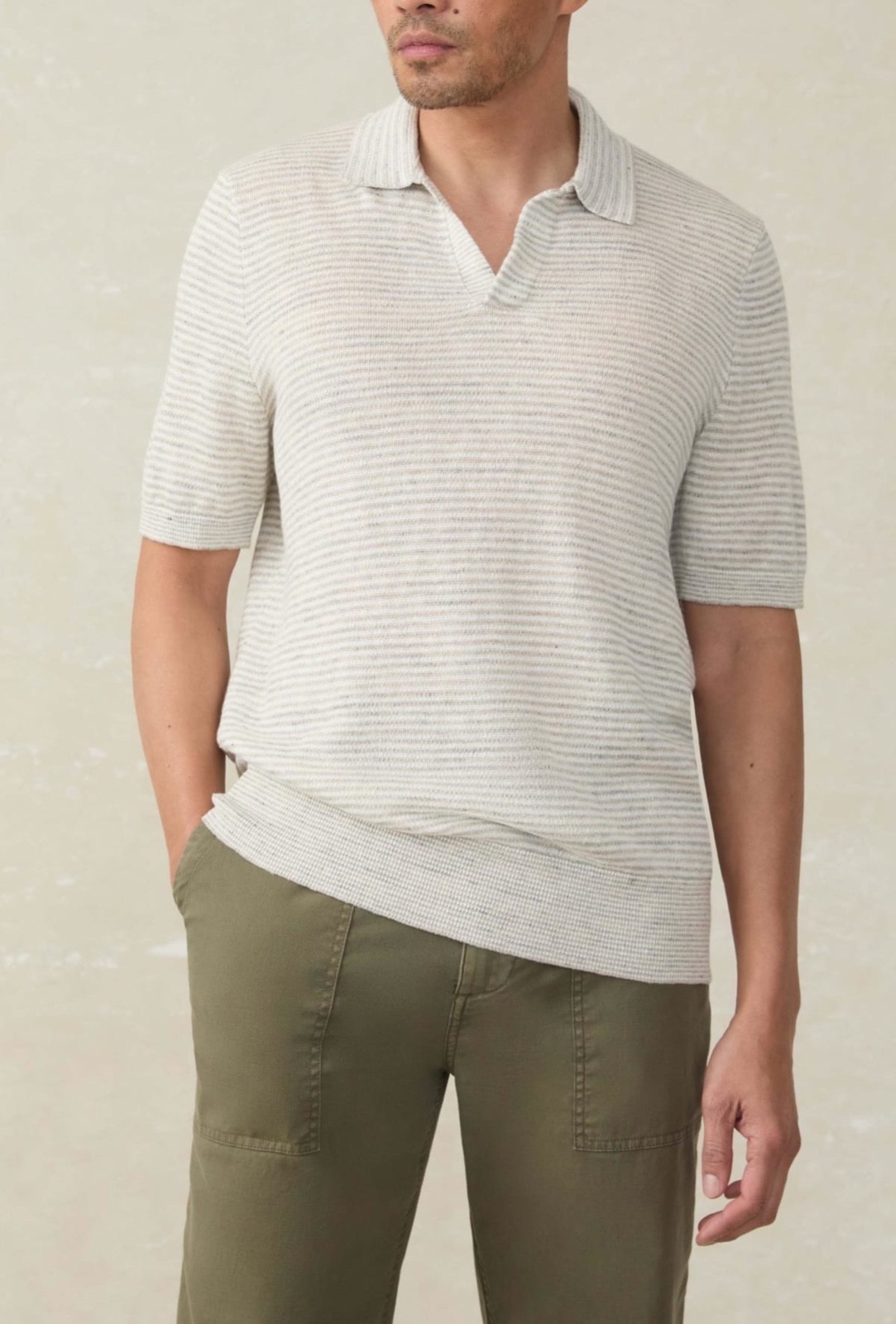 Faherty Men's 100% Linen Short Sleeve Sweater Polo Ivory Steel MSRP $178