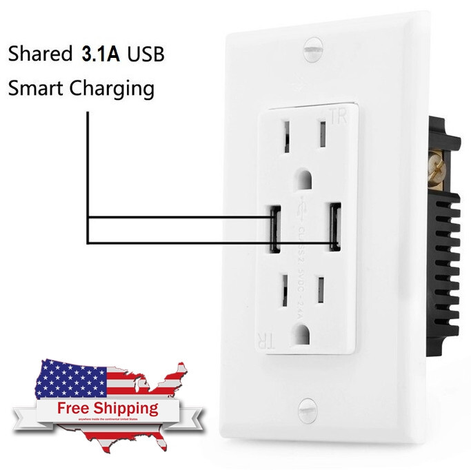 Outlet USB Fast Charger Duplex Receptacle Socket 15A Tamper Resistant UL Listed