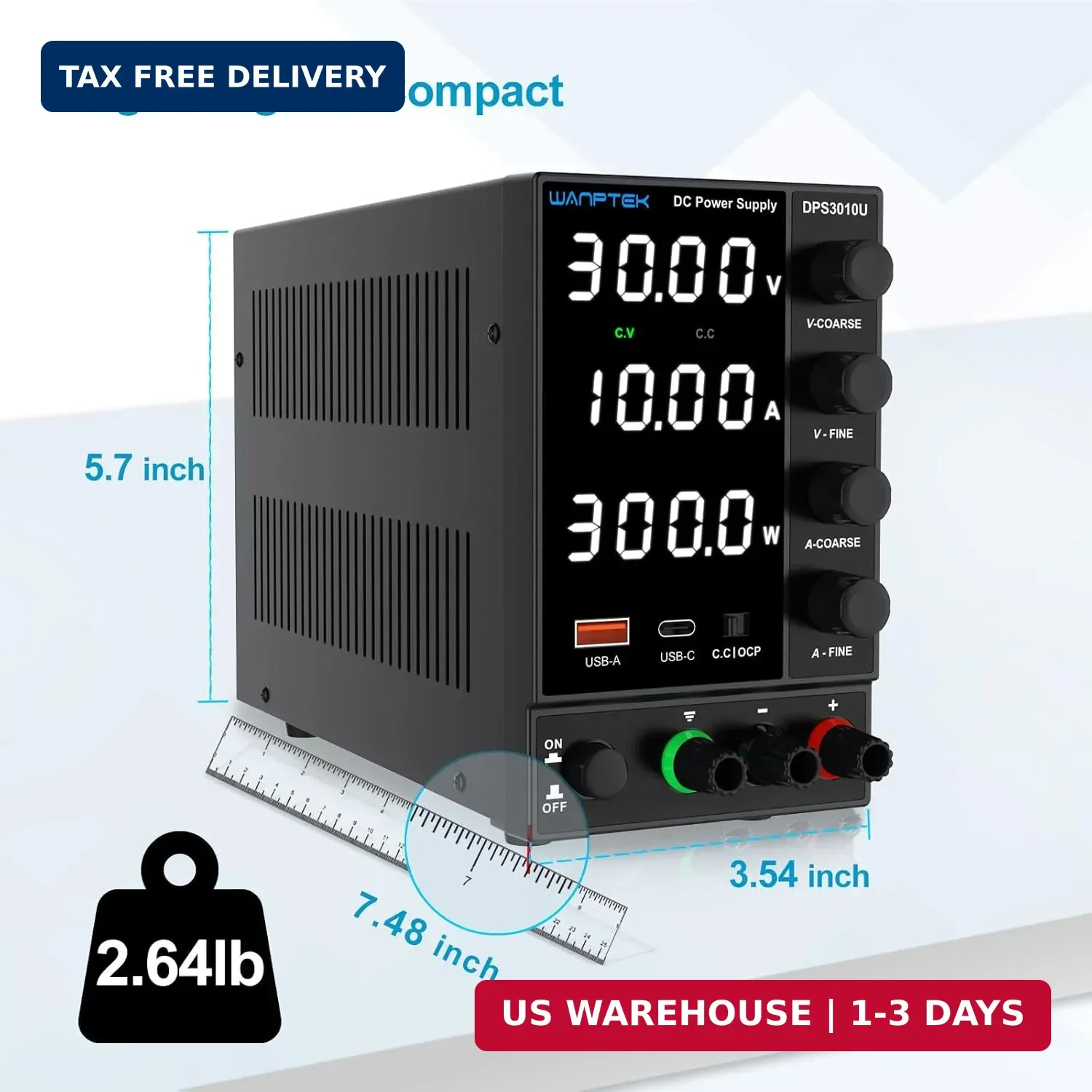 DC Power Supply Variable 0-30V 0-10A, Adjustable Switching Regulated Bench Power
