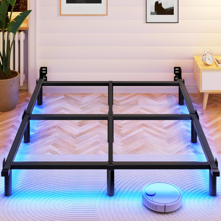 Queen Bed Frame with Smart LED Lights Heavy Duty Metal Platform 9-Leg Noise Free