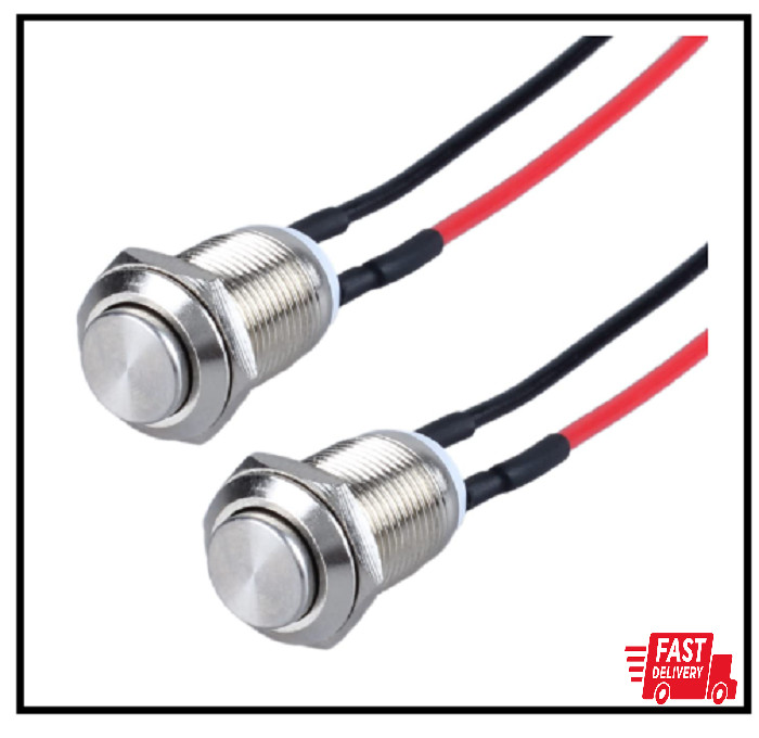 2-Pack 12mm Momentary with Cable Metal Waterproof Push Button Switch Raised Head