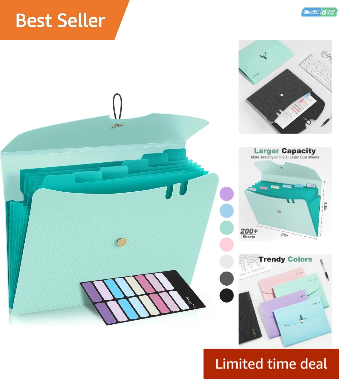 Expanding File Folder with Bungee Closure - Lightweight Green Design