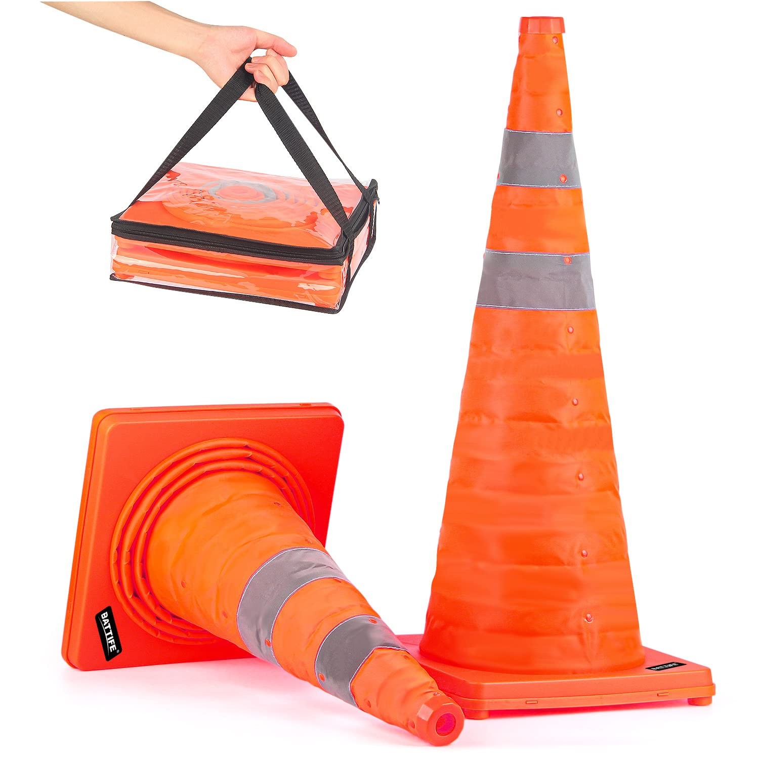 BATTIFE 2 Pack 28 Inch Collapsible Traffic Safety Orange Cones, Multi Purpose