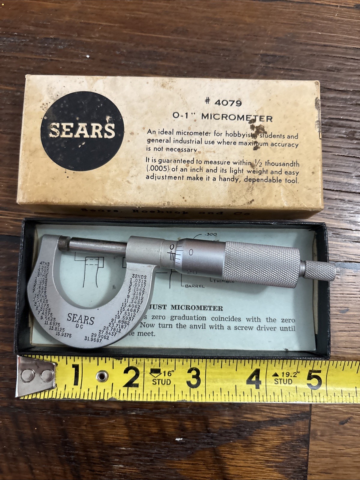Vintage Sears Craftsman Micrometer .001 x 1” Made in USA 4079 0-1”