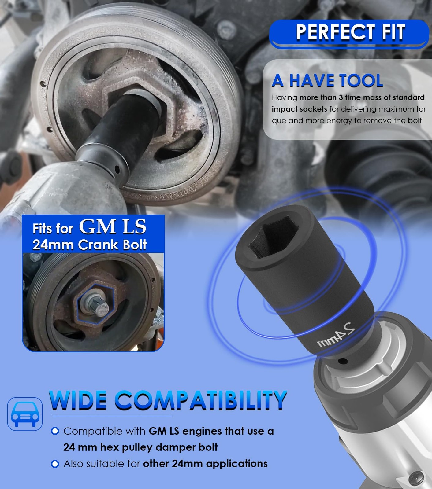 For GM LS 24mm Crank Bolt Socket 77070 Harmonic Balancer Socket Tool, 3 Times Mo