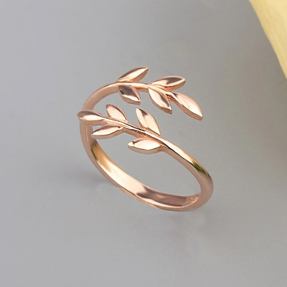 14K Rose Gold Over Sterling Silver Adjustable Tree Leaf Open Toe/Midi Ring