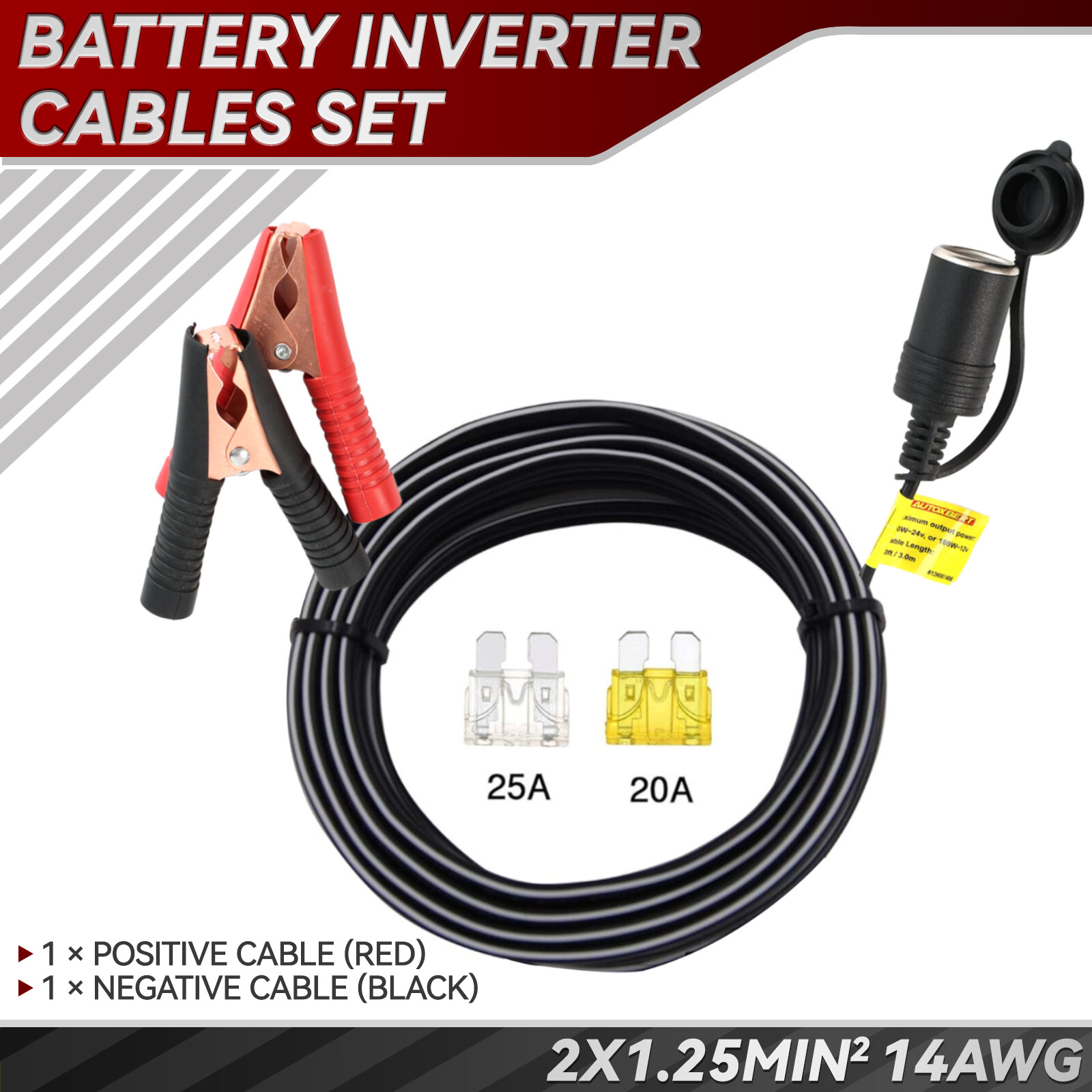Car Cigarette Lighter Socket To Battery Alligator Clip Extension Cable 12V 10FT
