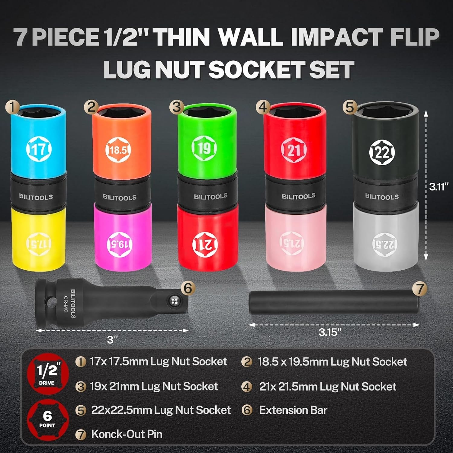 Half Sizes Lug Nut Socket Set, 1/2" Thin Wall Impact Flip Sockets for Wheel l...