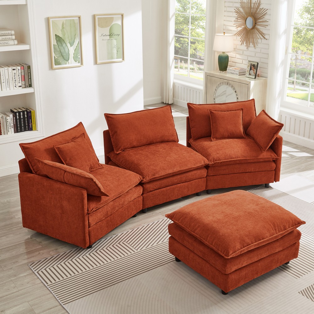 Chenille Sectional Sofa, L-Shaped 3-Seater Modular Couch w/ Ottoman, Dark Orange