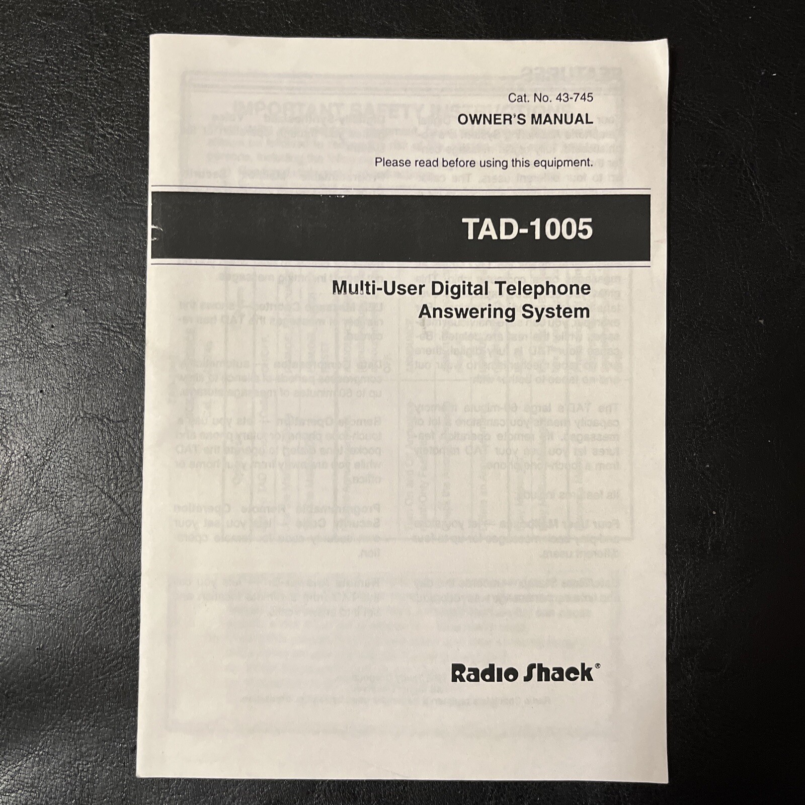 Radio Shack TAD-1005 Multi-User Telephone Answering System Instructions [M1]