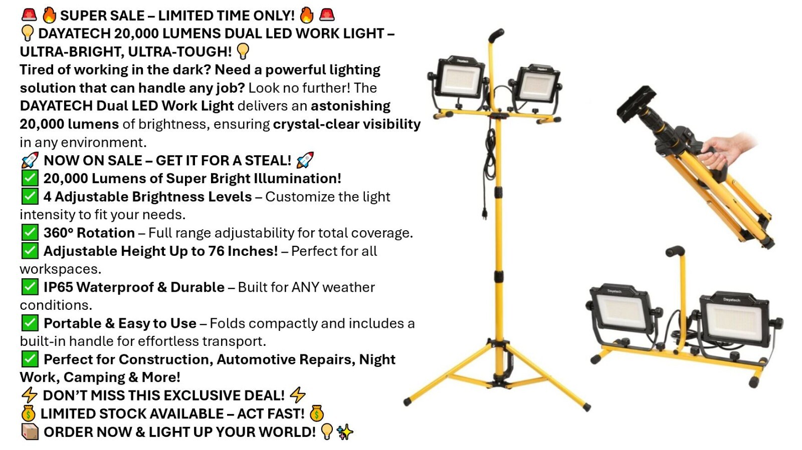 DAYATECH 180W 20000 Lumen Dual-Head LED Work Light With Tripod Stand, Brightness