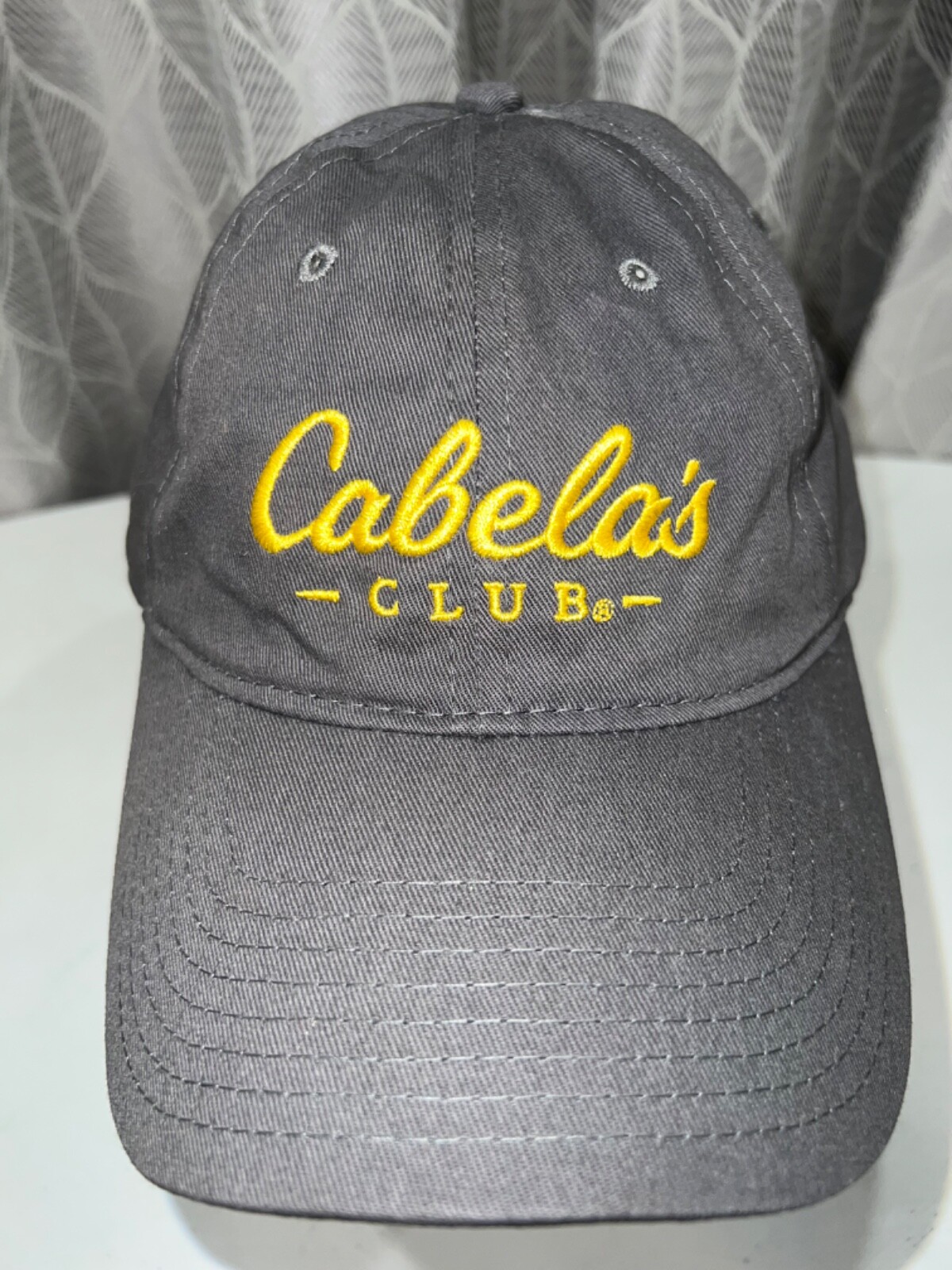 Cabelas Club embroidered in Gold on Gray Hat Cap Strap buckle EUC