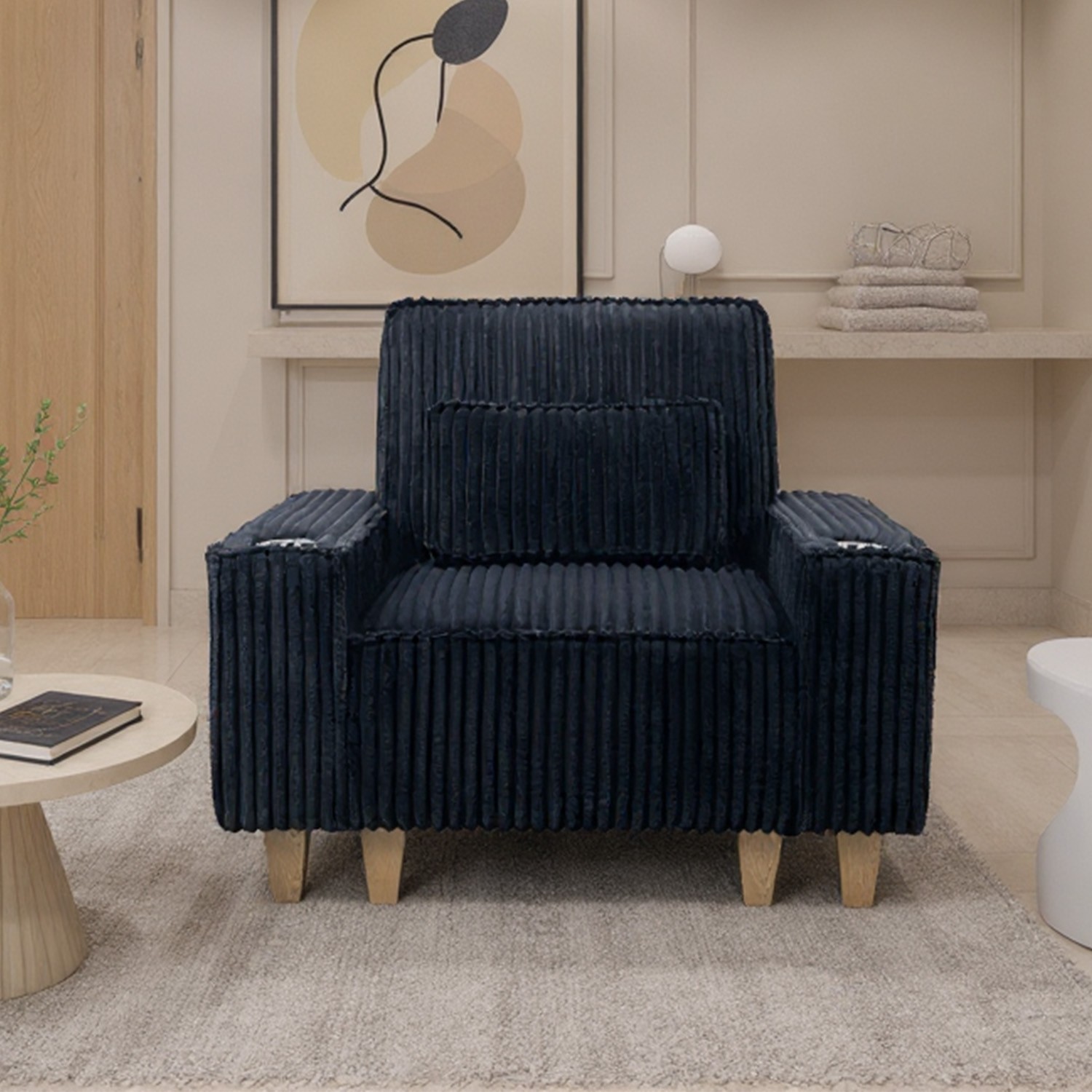 Black Corduroy Deep Seat Armchair with Cup Holder Pillow for Living Room